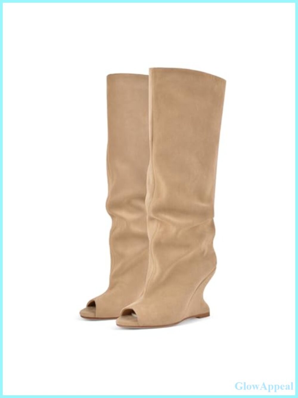 Faux Suede Wedge Knee High Sandal Boots Peep Toe Slouchy Pull On